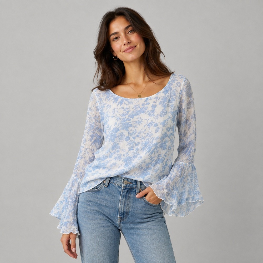 Viola Borghi Blue & White Silk Blouse Sz L Flared Flutter Sleeve-Fairy-Ethereal
